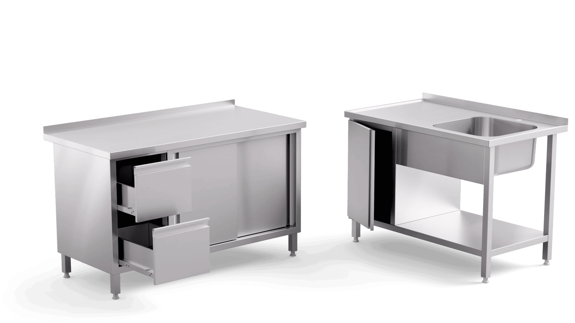 Stół neutralny z szufladami oraz stół neutralny ze zlewem i szafką